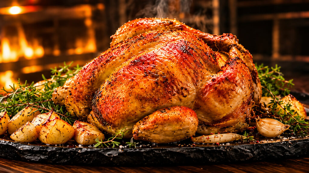 Poulet rôti doré aux herbes et pommes de terre